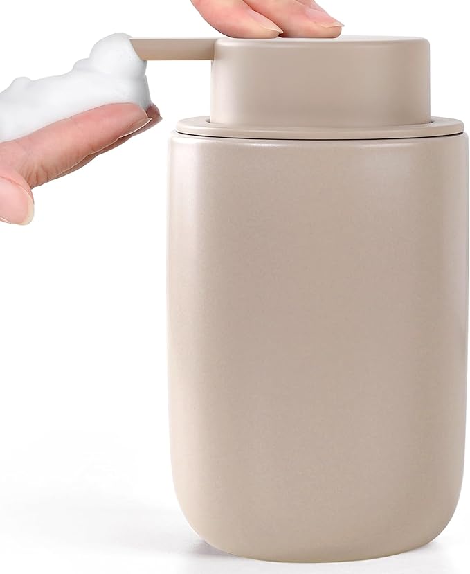 BosilunLife Foam Soap Dispenser - Ceramic Foaming Hand Wash Dispenser for Bathroom Modern Farmhouse Small Soap Dispenser Lotion Hand Pump Dispenser for Kitchen Sink (Khaki, Foam Pump)