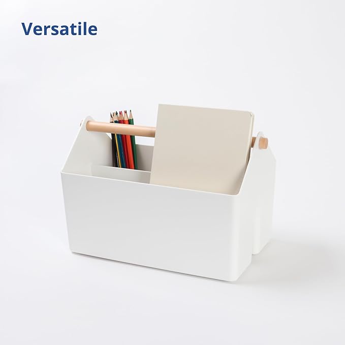 BLUE GINKGO Medium Storage Basket – Plastic Caddy with Wooden Handle for Office, Arts & Crafts, or Home Supplies (White)