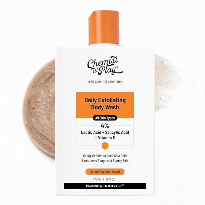 Chemist At Play Body Wash Exfoliating For Dry Rough Bumpy Strawberry Skin With 1% Salicylic Acid 2% Lactic Acid And Ceramides For Men And Women 15.9 Fl oz