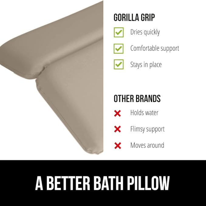 GORILLA GRIP Bath Pillow for Tub, Improved Suction Cups, Luxury Bathtub Pillows, Headrest for Neck and Back Support, Relaxing Home Spa, Hot Tubs and Bathroom Essentials, Gifts for Women, 2 Panel Beige