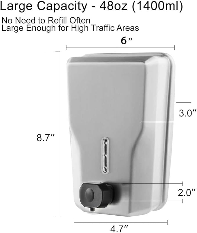Commercial Stainless Steel Soap Dispenser – 47.3oz Large Capacity Wall Mount, Anti-Leak Pump, SUS304 Brushed Metal for High-Traffic Restrooms