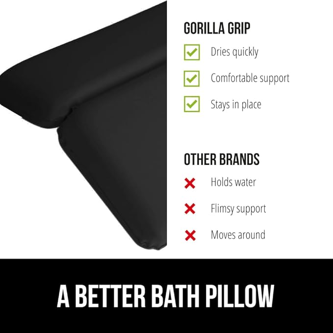 GORILLA GRIP Bath Pillow for Tub, Improved Suction Cups, Luxury Bathtub Pillows, Headrest for Neck and Back Support, Relaxing Home Spa, Hot Tubs and Bathroom Essentials, Gifts for Women, 3 Panel Black