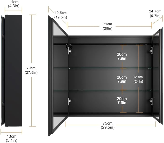 KWW 30 x 28 Inch Double Doors LED Lighted Bathroom Medicine Cabinet, Defogger, Dimmable, 3 Color Light Makeup Mirror, Outlets & USBs, Easy to Install, Wall Mounted Mirror Cabinet