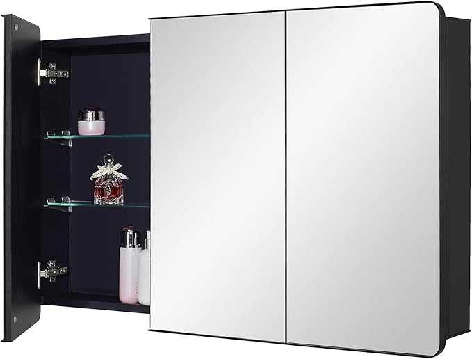 Black Bathroom Medicine Cabinet with Round Corner Framed Door, 40 x 25.5 inch, Recessed or Surface Mount, with Adjustable Glass Shelves