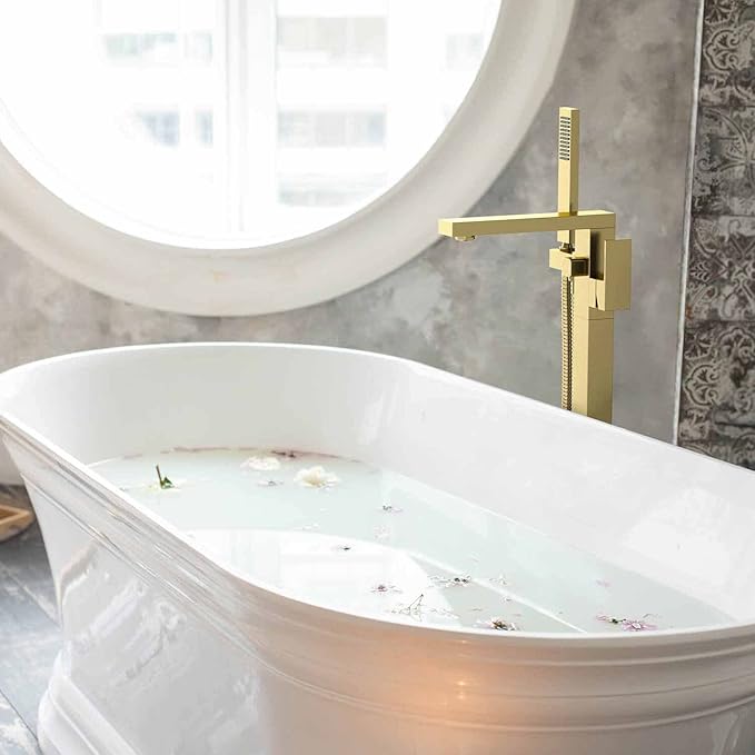 KIBI Cube Brushed Gold Freestanding Bathtub Faucet ‑ Floor‑Mounted Brass Tub Filler | Single‑Handle Bathroom Faucets with Hand Shower, Ceramic Cartridge & Stainless Steel Hose (KTF302BG)