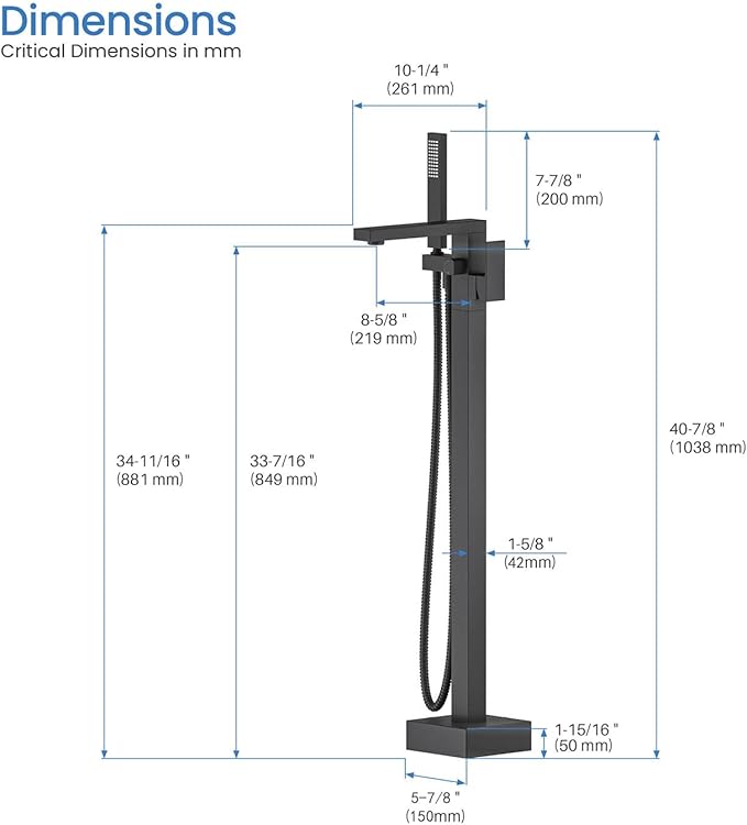 KIBI Cube Floor Mount Tub Filler with Hand Shower in Matte Black | Solid Brass Single Handle Freestanding Bathtub Faucet with 360° Swivel Spout, Modern Bath Faucet for Tub and Shower (KTF302MB)