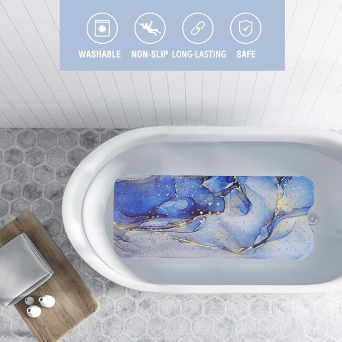 Blue Bathtub Mat Non Slip Marble Gold Line Extra Long Bath Mat for Tub Abstract Art Anti Slip Shower Mat for Bathroom with Large Drain Holes and Suction Cups Quality Bath Mats and Bathtub Decor 40x16