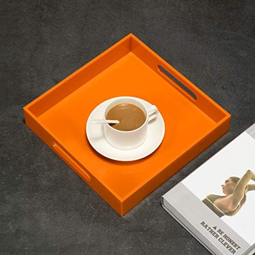 Orange Sturdy Acrylic Serving Tray with Handles-10x10Inch-Serving Coffee,Food,Breakfast,Butler-Kitchen Countertop Tray-Makeup Drawer Organizer-Vanity Table,Ottoman Tray-Decorative Tray
