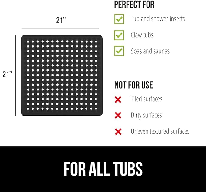 GORILLA GRIP Patented Square Shower Stall Mat, Small Bathtub Floor Mats for Stand Up Showers, Suction Cups and Drainage Holes, Machine Wash, Soft on Feet, Bathroom Accessories 21x21 Inch, Black Opaque
