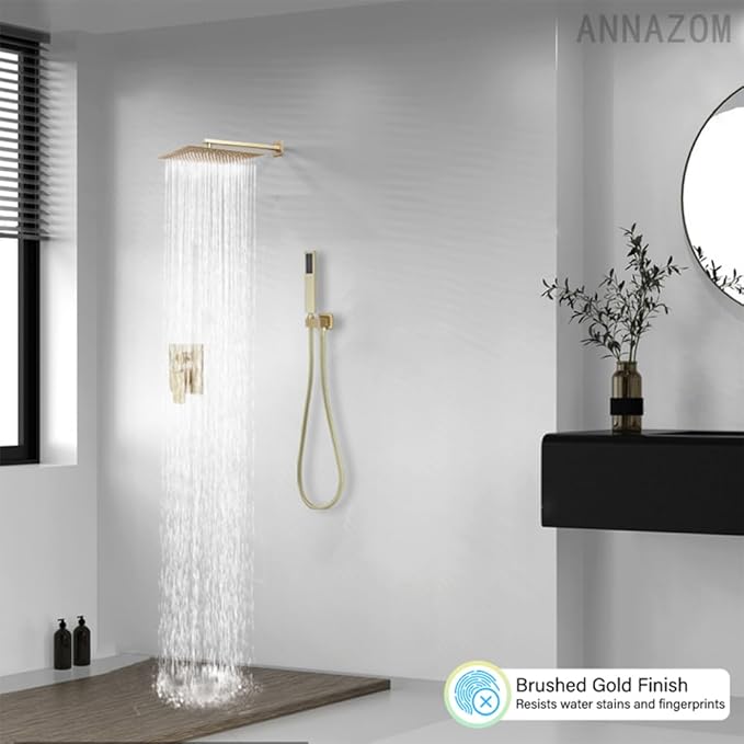 Shower Faucet Set System 10 Inch Shower Head High Pressure Handheld Spray Combo Set with Rough-in Valve for Bathroom and Shower Room, Brushed Gold Finishing
