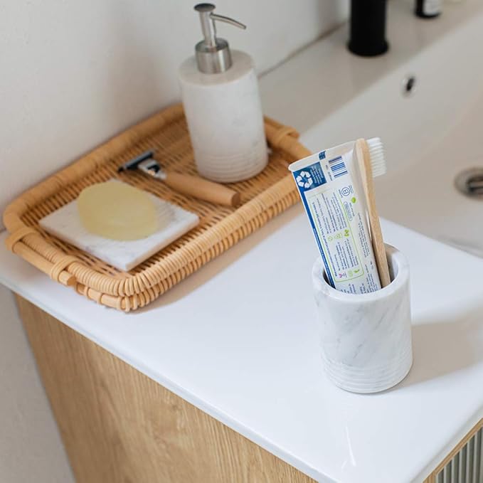 Natural Marble SPA Collection Tumbler Toothbrush Holder Makeup Brush Holder Bathroom Countertop Organizer