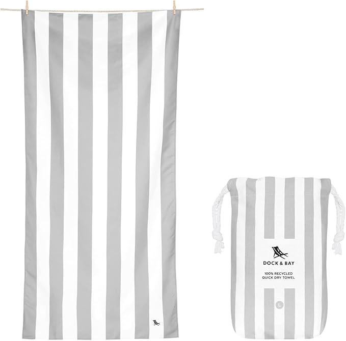 Dock & Bay Beach Towel - Quick Dry, Sand Free - Compact, Lightweight - 100% Recycled - Includes Bag - Cabana Light - Goa Grey - Extra Large (200x90cm, 78x35)