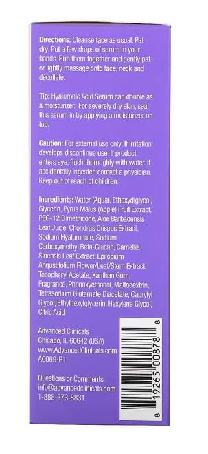 Advanced Clinicals Hyaluronic Acid Moisturizer Body Cream + Hyaluronic Acid Serum 2PC Skin Care Set | Face Serum & Body Lotion Help Diminish Appearance Of Wrinkles, Fine Lines, & Dry Skin, 2PC Bundle