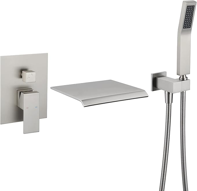 Wall Mount Tub Filler Waterfall Tub Faucet Brushed Nickel Bathtub Faucet Brass Single Handle Bathroom Faucet with Hand Shower