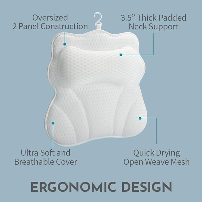 WONDERfoam Thick Padded Ergonomic Bath Pillow for Tub, Bathtub Headrest Neck and Back Support, Strong Suction Cups, Machine Washable Breathable Mesh Quick Dry Pillows, Luxury Spa Accessories, White