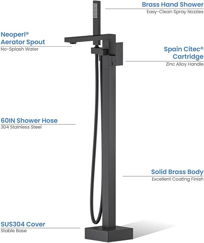 KIBI Cube Floor Mount Tub Filler with Hand Shower in Matte Black | Solid Brass Single Handle Freestanding Bathtub Faucet with 360° Swivel Spout, Modern Bath Faucet for Tub and Shower (KTF302MB)