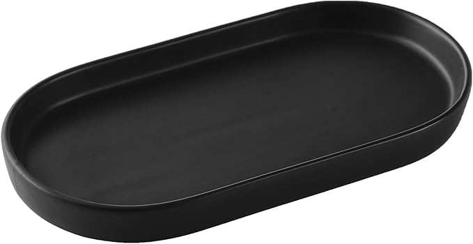 Matte Black Round Soap Dispenser Tray - 8'' Ceramic Vanity Tray for Bathroom Decorative, Jewelry Ring Dish, Comestic Holder, Kitchen Sink Countertop Organizer Plate