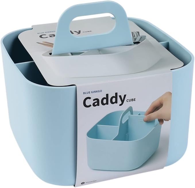 BLUE GINKGO Small Stackable Organizer Caddy – Korean-Made Portable Tote for Bathroom, Office, Crafts, or School Supplies (Square, Blue)
