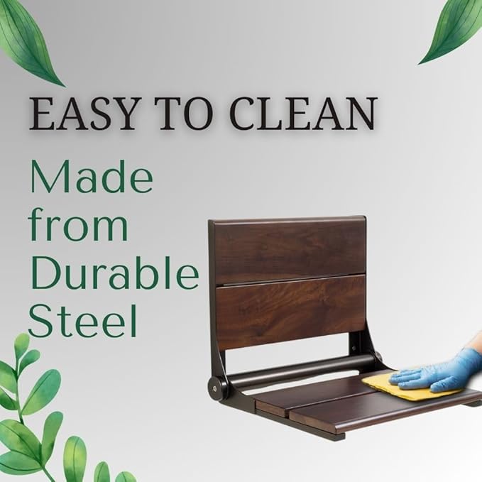 Folding Shower Seat Wall Mounted with Back | 500 lbs Maximum Load Capacity | ADA Compliant Safety Assist Teak Shower Seat for Seniors, Handicapped, and Children | 304 Stainless Steel Frame | 18” x 16”