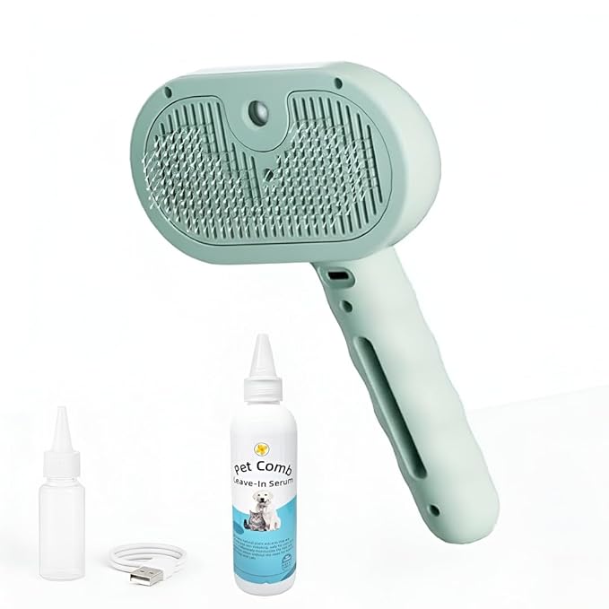 Pet Steam Brush for Dog & Cat, 3 in 1 Spray Hair Removal Comb for Shedding & Grooming, Water Brush for Long & Short Haired Pets, Includes 200ml Shampoo & USB Rechargeable Design, Green