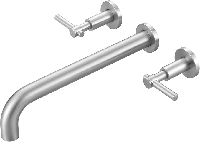 ALEASHA Wall Mount Tub Filler Tub Faucet High Flow Bathtub Faucets Two Handles Solid Brass, 12" Long Spout Reach, Brushed Nickel