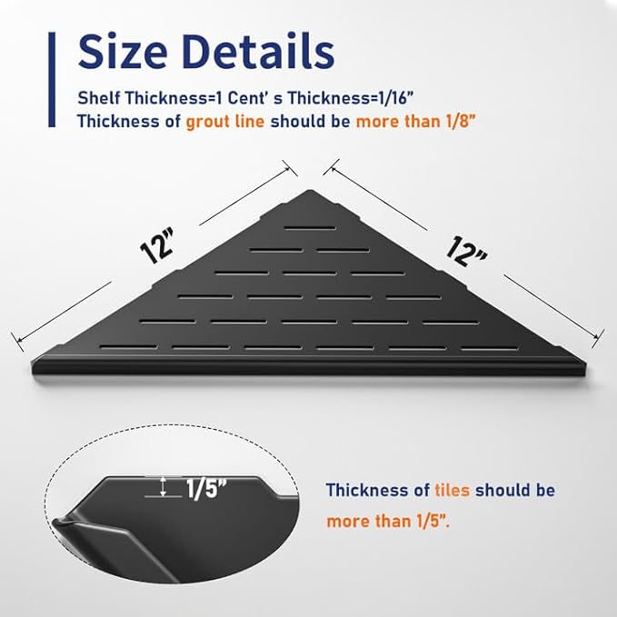 Corner Shower Shelf, 12" Matte Black 304 Stainless Steel Slot Design Recessed Corner Shelves 2 Pack Bathroom Grout in Shelf for Tiled Wall, Large Size