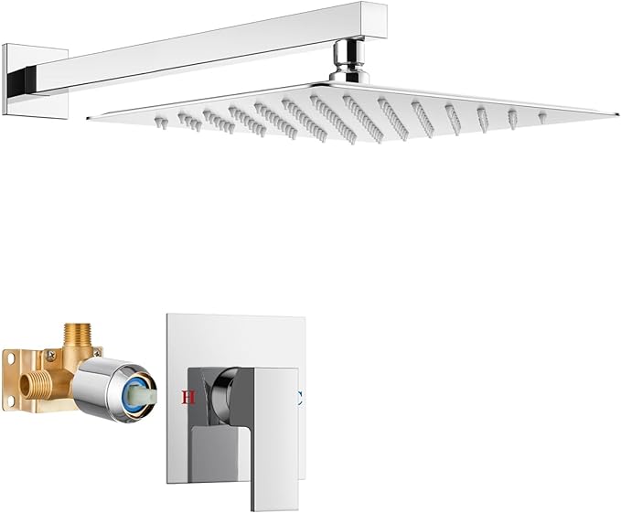 Airuida Shower Faucet Set Bathroom Rain Shower System SUS304 Stainless Steel Single Handle With Male Threads Rough-in Valve Shower Trim Kit 12 Inch Wall Mount Shower Head Chrome Polish