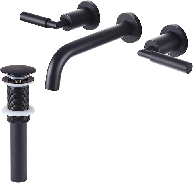 RBROHANT Black Wall Mount Faucet with Pop up Drain Set for Sink Without Overflow, Matte Black Dual Handle Wall Mounted Bathroom Sink Faucet, Brass Rough-in Valve Included, RB0735D