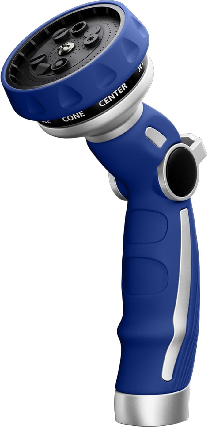 RESTMO Hose Nozzle Heavy Duty, Metal Water Hose Sprayer for Garden, 9 Spray Patterns | High Pressure | Thumb Flow Control | On/Off Valve, Ideal for Lawn & Plant Watering, Car & Pet Washing, Blue