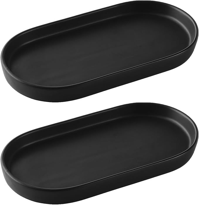 2 Pack Matte Black Round Soap Dispenser Tray - 8'' Ceramic Vanity Tray & Organizer Plate Set, Bathroom & Kitchen Countertop Decor for Soap Dispenser, Jewelry, Cosmetics, Sink