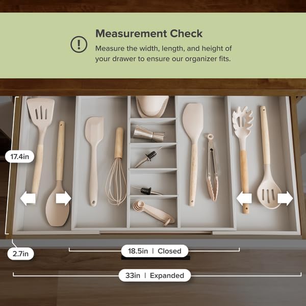 KitchenEdge Adjustable Kitchen Drawer Organizer for Utensils and Junk, Food-Safe Contract Grade with 100% Sustainable Wood, Expandable from 19 to 33 Inches Wide - Gray Bamboo