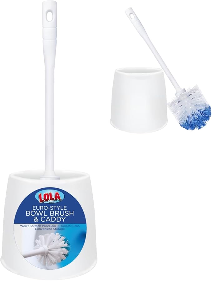 LOLA Toilet Brush and Holder Set, Classic Version, Durable Bristles for Deep Cleaning, w/Compact Space Saving Storage Holder, 1 Pack