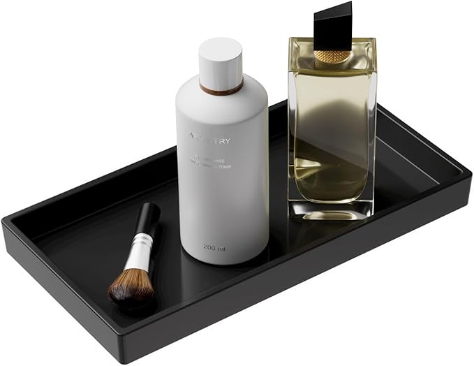 Vanity and Bathroom Tray, 7.7" ABS Countertop Organizer,Waterproof Vanity Tray for Toilet Tank,Perfume,Soap,Keys,Bathroom Accessories,Kitchen and Bath Trays,Non Slip Small Trays,Black