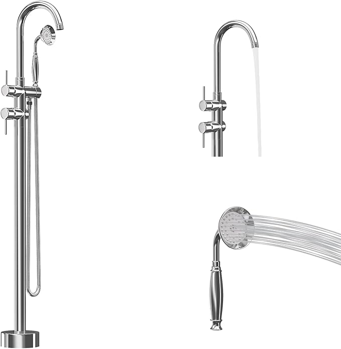 Freestanding Bathtub Faucet,Tub Filler Floor Mount Stand Bathtub Faucet Brass Bathroom Tub Faucets with 2 Function Telephone-Shape Handheld Shower Wand Swivel Polished Chrome