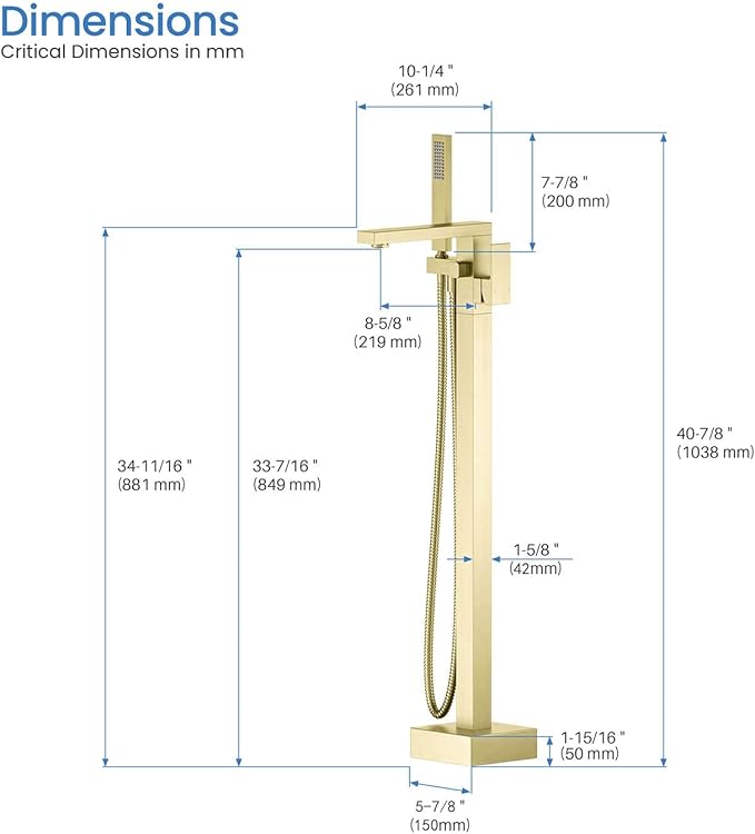 KIBI Cube Brushed Gold Freestanding Bathtub Faucet ‑ Floor‑Mounted Brass Tub Filler | Single‑Handle Bathroom Faucets with Hand Shower, Ceramic Cartridge & Stainless Steel Hose (KTF302BG)