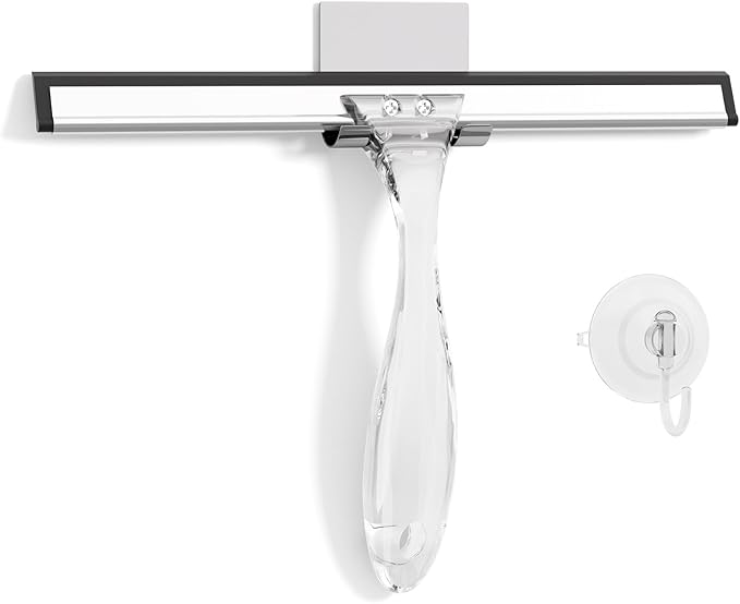 AmazerBath Shower Squeegee for Glass Doors, All-Purpose Squeegee with Suction Hook & Adhesive Hook, Clear Squeegee for Shower Glass, Windows, Mirrors, Tiles and Car Windows - 10 Inches, Clear