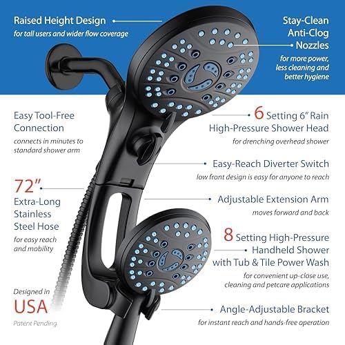 Hotel Spa AquaCare for California As-Seen-On-TV High Pressure Handheld Rain 50-mode 3-way Shower Head Combo with Adjustable Arm, Anti-clog Jets, Tub & Pet Power Wash, 6 ft. Hose, Matte Black