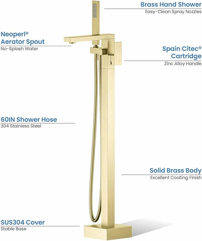 KIBI Cube Brushed Gold Freestanding Bathtub Faucet ‑ Floor‑Mounted Brass Tub Filler | Single‑Handle Bathroom Faucets with Hand Shower, Ceramic Cartridge & Stainless Steel Hose (KTF302BG)