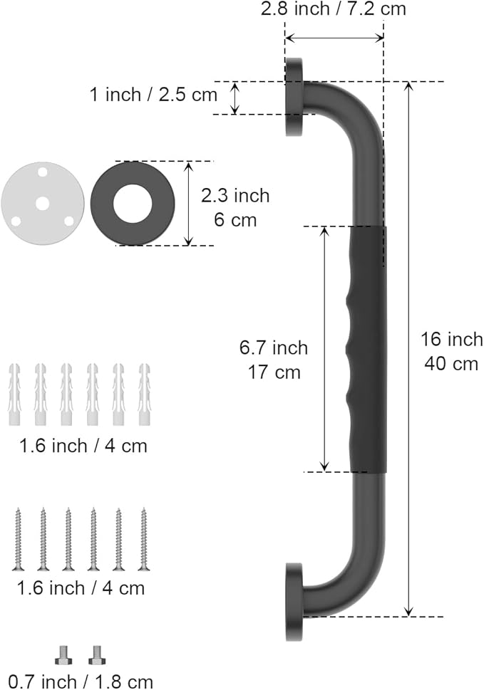 16 Inch Black Shower Grab Bar w/Anti Slip Rubber Grip, Munzong 2 Pack Stainless Steel Bathroom Grab Bar, Bathroom Balance Bar,Safety Handrail Support,Handicap Injury Elderly Senior Assist Bath Handle