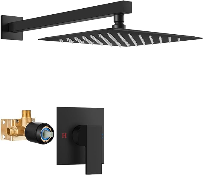 Airuida Shower Faucet Set Bathroom Rain Shower System SUS304 Stainless Steel Single Handle With Male Threads Rough-in Valve Shower Trim Kit 10 Inch Wall Mount Shower Head Matte Black