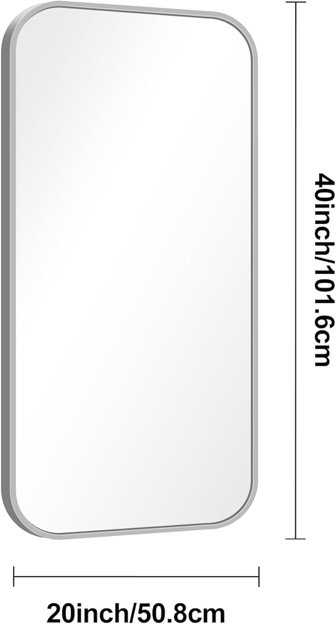 BONEWEI Silver Bathroom Mirror,20x40 inch Wall Mirror for Bathroom Wall Mounted,Rectangle Mirror for Bathroom Over Sink,Modern Frame Round Corner for Living Room,Bedroom Entryway,Horizontal/Vertical