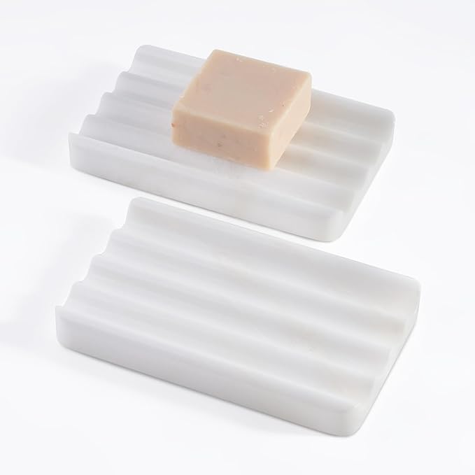 2 Pcs Soap Holder for Bathroom, Marble Soap Dish for Kitchen Countertop, Soap Tray with Creative Wavy Design, Soap Saver for Bath Tub, Sponges, African Natural Stone(Namib Bianco)