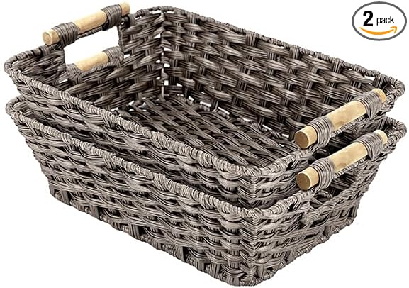 Baskets-Wicker Storage Baskets-Waterproof Wicker with Handles Hand-Woven Blue Handle Food Storage Pantry Woven Storage Boxes, 2 Pack, Home Storage Boxes