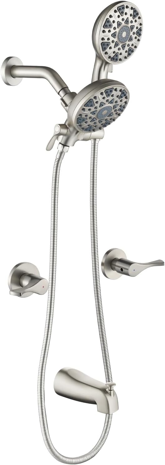 2 Handle Shower Faucet Set with Tub Spout Bathtub Shower Faucet Combo Set Shower System Complete Tub and Shower Trim Kit Brushed Nickel Wall Mounted Two Handles Shower Fixtures