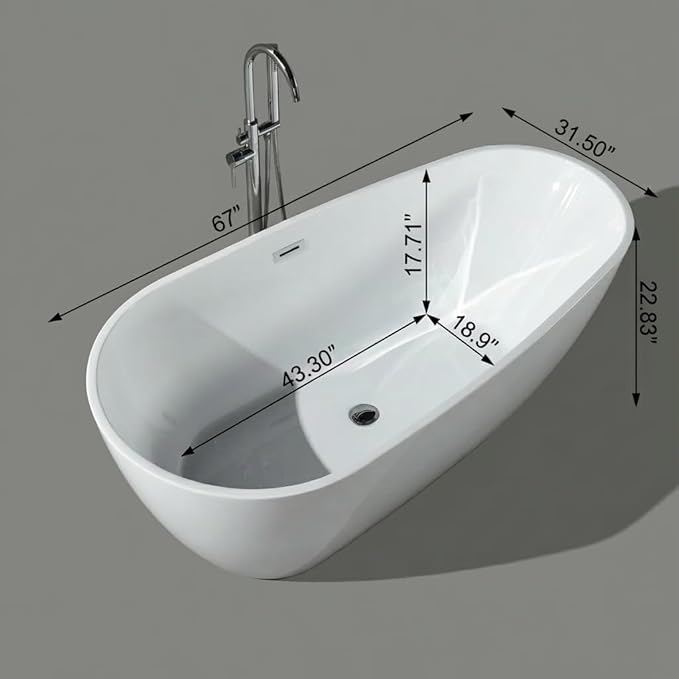 67" Deep Soaking Bathtub, Non-Slip Acrylic Tub with Chrome Drain, CUPC Certified, Ergonomic Modern Bath for Bathrooms, Easy-Install, White Pearl