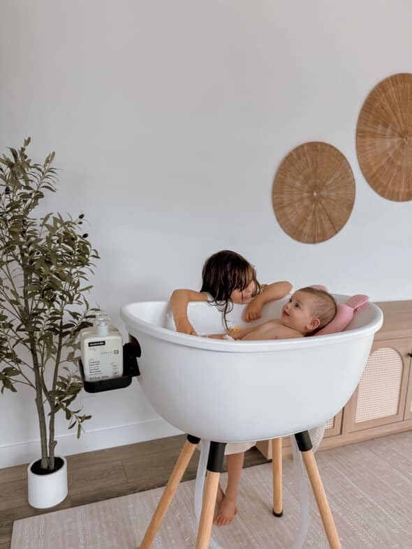 Luxury Baby Bathtub with Wooden Stand – 3-Stage Convertible, Ergonomic & Back-Saving Design (Pink Bundle)
