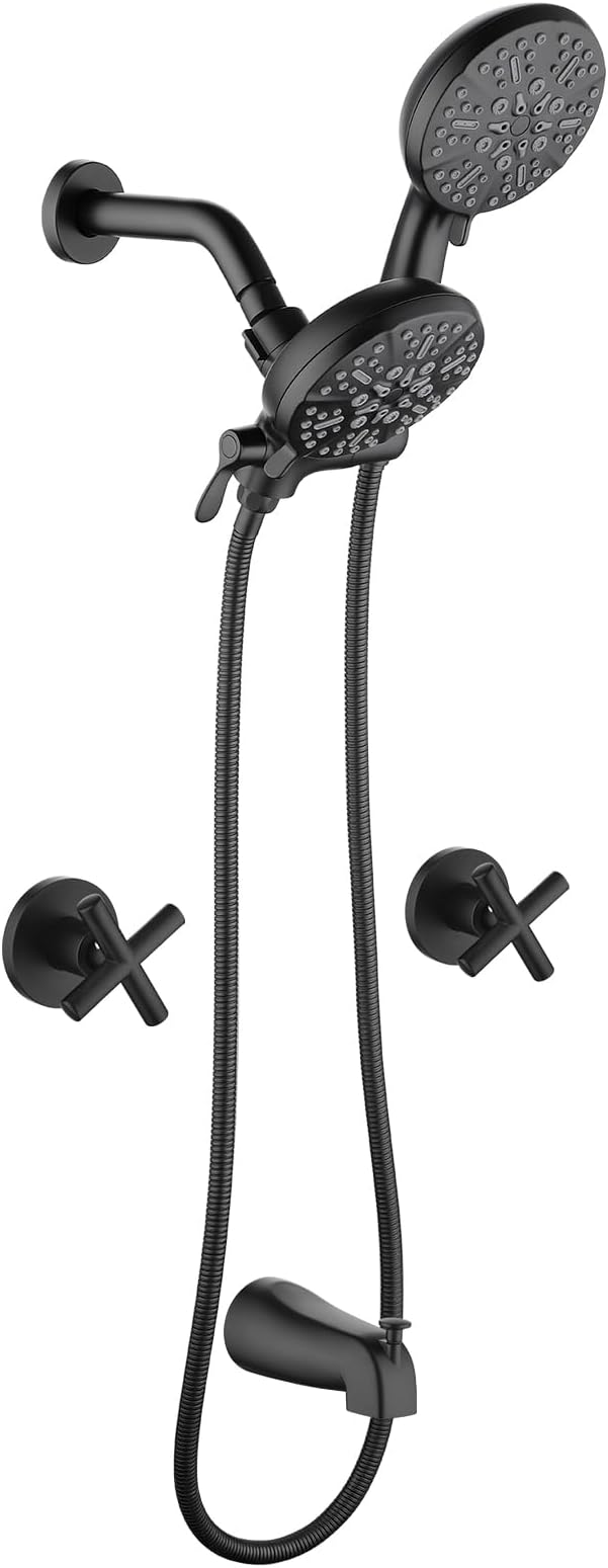 2 Handles Shower Faucet Set with Tub Spout Bathtub Shower Faucet Combo Set Shower System Complete Tub and Shower Trim Kit Matte Black Wall Mounted Shower Fixtures