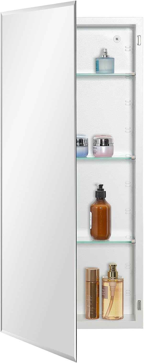Bathroom Medicine Cabinet with Beveled Edge Mirrored Door 16 x 36 inch, Recessed or Surface Mount, with Adjustable Glass Shelves