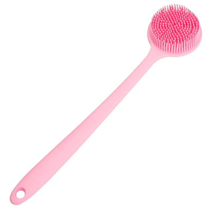 DNC Silicone Back Scrubber for Shower, Soft Bath Body Brush with Long Handle (Pink)