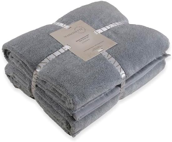 Maisonette Elegance 100% Organic Cotton Turkish Bath Towels, Soft & Absorbent, Ideal Quick Dry Large Bathroom Towel Set for Shower (30" x 58", 2 Pack) - Light Gray (Shore)